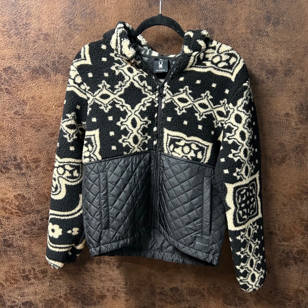 NWT Spyder Full Zip Quilted Fleece Hooded‎ Jacket Women's Small Aztec Black